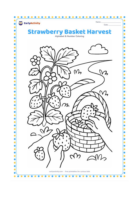Colouring page: A child's hands place ripe strawberries into a woven basket beside a strawberry patch. Include broad leaves, flowers, a garden path and a few berries at different stages, while keeping…