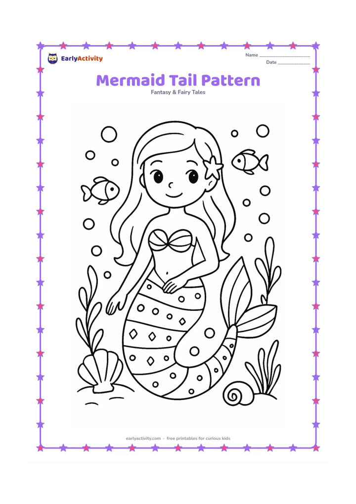 Colouring page: A mermaid sits upright and displays a large curved tail covered with alternating broad stripes, spots and simple diamond shapes. Place shells, fish, bubbles and sea plants around her.