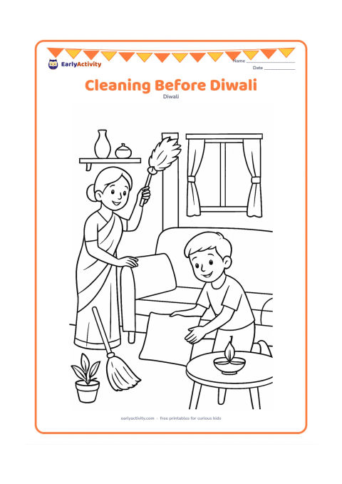 Colouring page: Draw a parent and child tidying a bright Indian living room before Diwali, with one person dusting a shelf and the other placing cushions neatly. Include a broom, a window, a small plant…