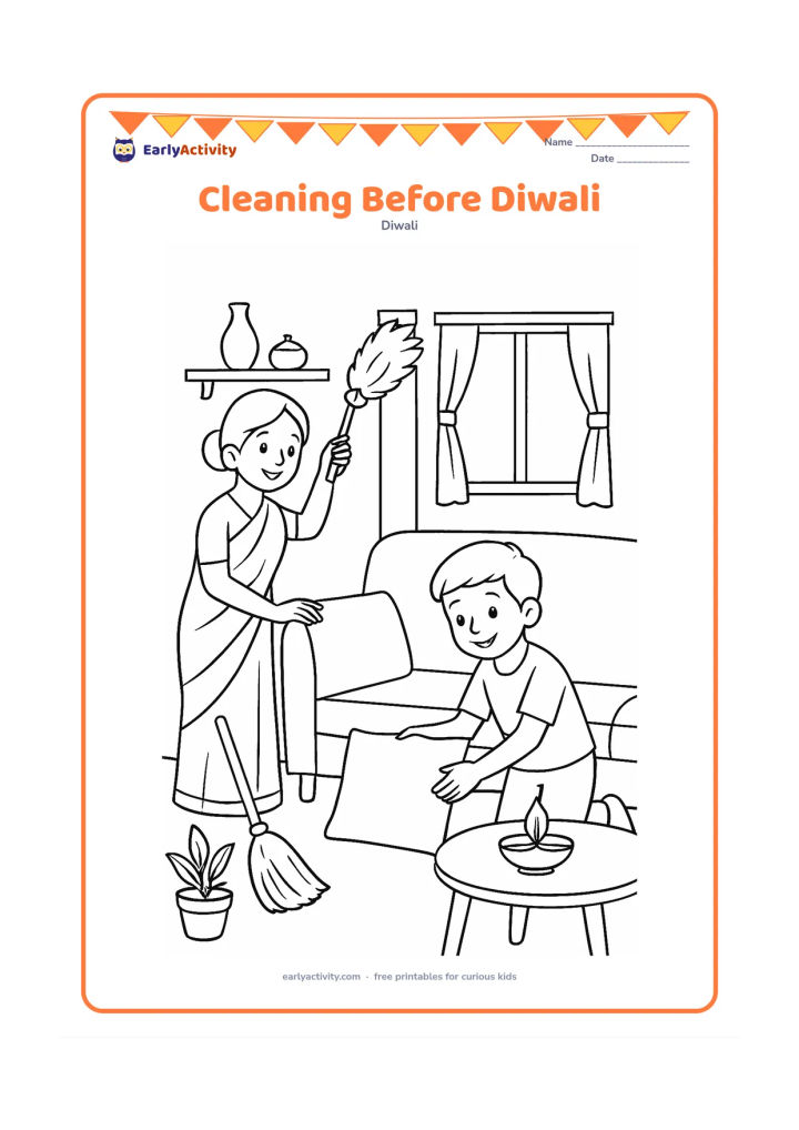 Colouring page: Draw a parent and child tidying a bright Indian living room before Diwali, with one person dusting a shelf and the other placing cushions neatly. Include a broom, a window, a small plant…