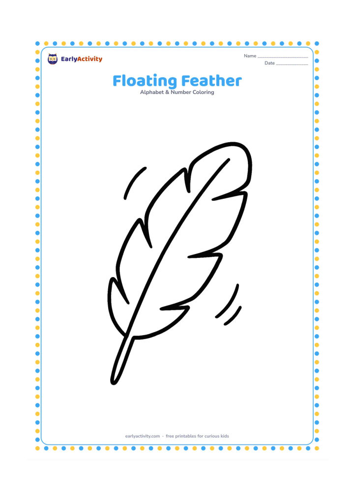 Colouring page: Draw one large feather drifting gently through the air, with a simple central shaft and broad sections. Add three small curved motion lines around it.