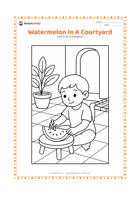 Colouring page: Draw a child sitting in an Indian home courtyard and colouring or looking at a watermelon slice on a low stool. Include a doorway, potted plant, tiled floor lines and a simple charpai edge.
