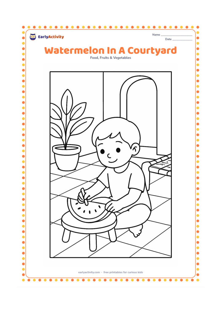 Colouring page: Draw a child sitting in an Indian home courtyard and colouring or looking at a watermelon slice on a low stool. Include a doorway, potted plant, tiled floor lines and a simple charpai edge.
