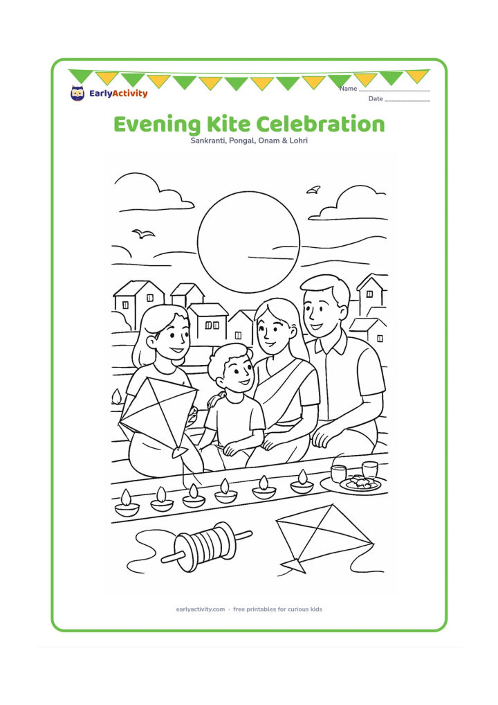 Colouring page: At sunset, a family gathers on a rooftop after kite flying, with kites resting near a spool, glowing diyas along the parapet, a snack table, distant homes, birds, and a large setting sun.