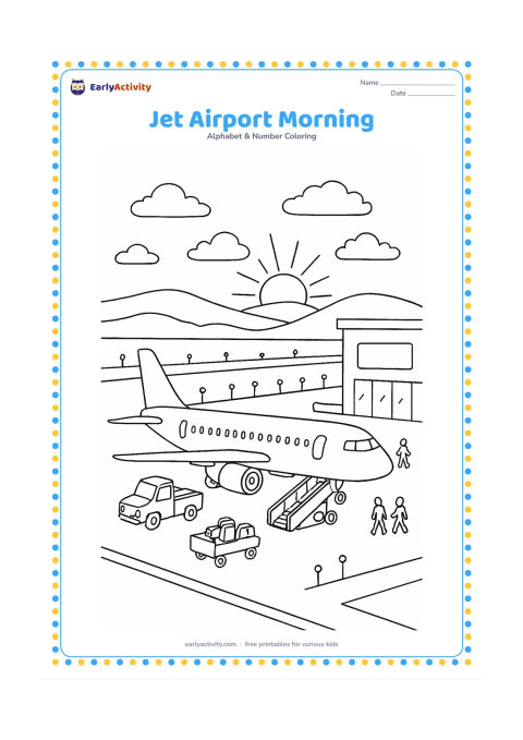 Colouring page: Draw a passenger jet parked at an airport terminal during sunrise, with a boarding staircase, service vehicle, luggage cart, runway lights, and distant hills. Include a few small figures…