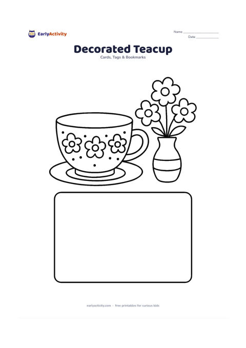 Worksheet: A large teacup and saucer decorated with flowers and dots sits beside a small vase of blossoms. Include a clearly empty framed panel beneath the cup for a personal message, with no marks…