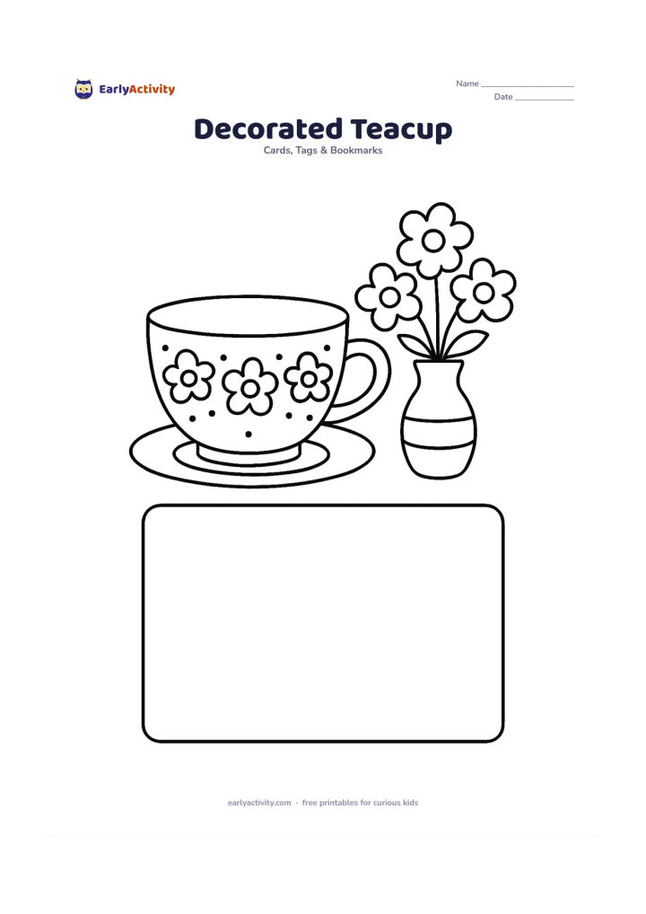 Worksheet: A large teacup and saucer decorated with flowers and dots sits beside a small vase of blossoms. Include a clearly empty framed panel beneath the cup for a personal message, with no marks…