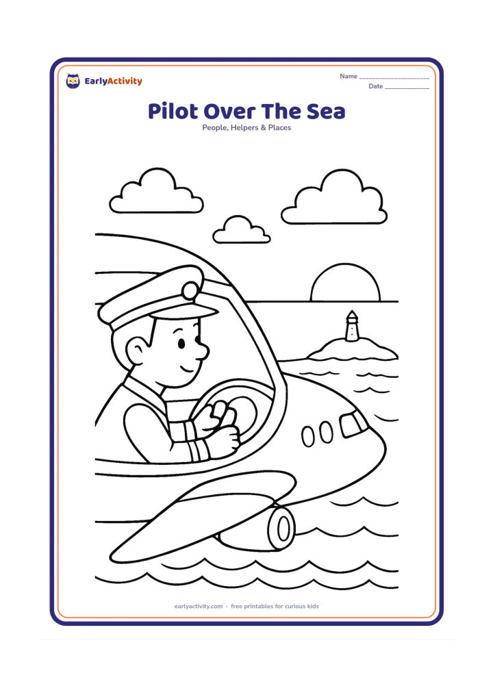 Colouring page: A pilot looks through the cockpit window as a passenger aeroplane travels over the sea toward a distant island. Include layered waves, a small lighthouse without markings, clouds and a…
