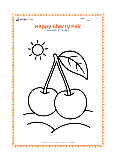 Colouring page: Draw two cherries joined by stems beside one large leaf, with simple curved lines suggesting a sunny outdoor setting.