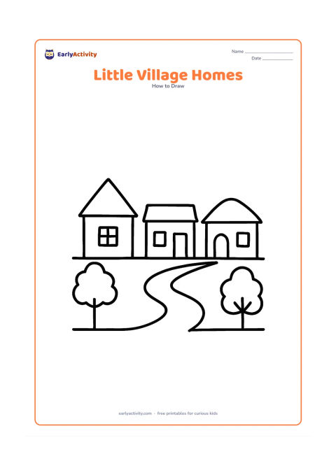 Worksheet: Draw three different small houses side by side: one with a triangle roof, one with a flat roof and one with a gently sloping roof. Add a shared ground line, two trees and a curving path,…