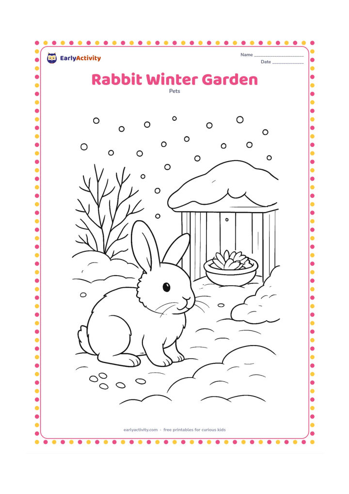 Colouring page: A fluffy rabbit sits in a snowy garden beside a wooden shelter, bare shrubs and an evergreen plant. Add soft snow mounds, falling snowflakes, footprints and a bowl of greens under cover.