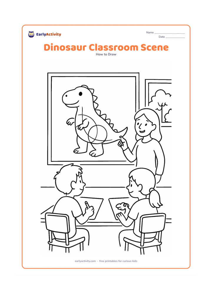 Worksheet: Show a friendly dinosaur drawing on a large blank board while two children watch and copy on paper, with the dinosaur itself developed through construction stages. Include desks, a…