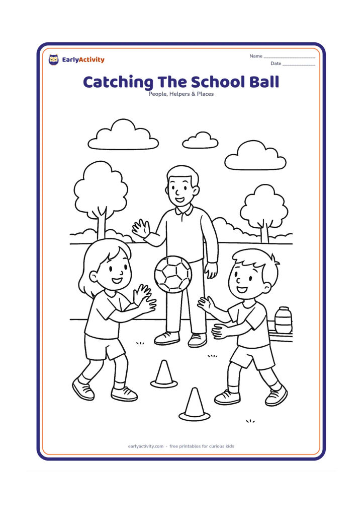 Colouring page: Two children play catch on a school field while a sports teacher watches and gestures encouragement. Include a low goal, cones, a water station, trees and a partly cloudy sky.