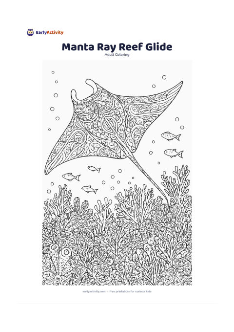 Colouring page: A manta ray glides above a coral reef with its wide fins extended, while smaller fish, sea fans, sponge shapes and bubbles fill the water below. Show the ray from above and slightly…