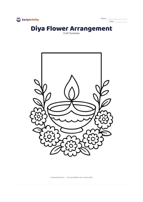 Worksheet: A central diya is surrounded by marigold-like flowers, leaves, and curved stems arranged as a festive tabletop display, with a blank card-shaped panel behind it.