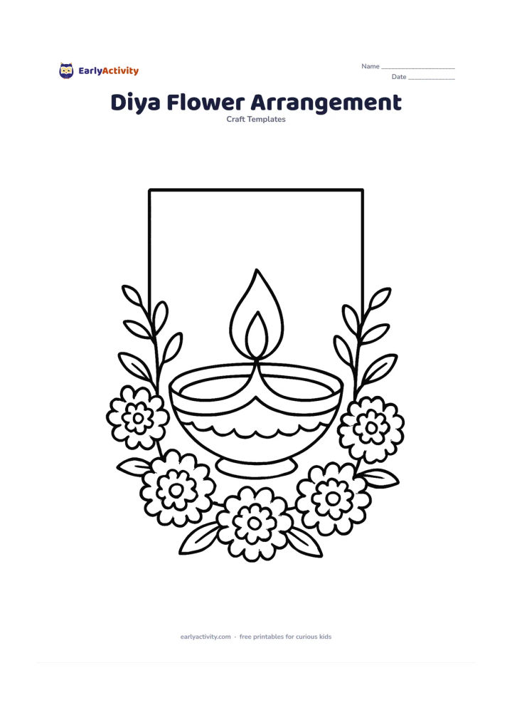 Worksheet: A central diya is surrounded by marigold-like flowers, leaves, and curved stems arranged as a festive tabletop display, with a blank card-shaped panel behind it.