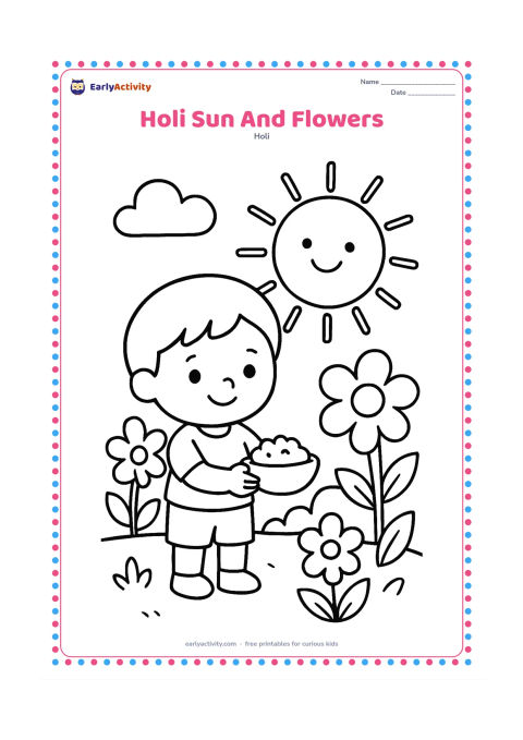 Colouring page: A child stands in a spring garden holding a small bowl of gulal beneath a large smiling sun. Add oversized flowers, leaves and a few rounded clouds.
