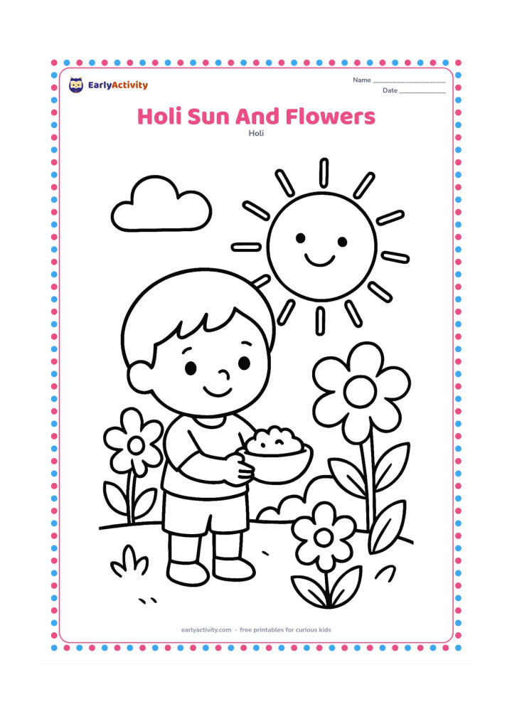 Colouring page: A child stands in a spring garden holding a small bowl of gulal beneath a large smiling sun. Add oversized flowers, leaves and a few rounded clouds.