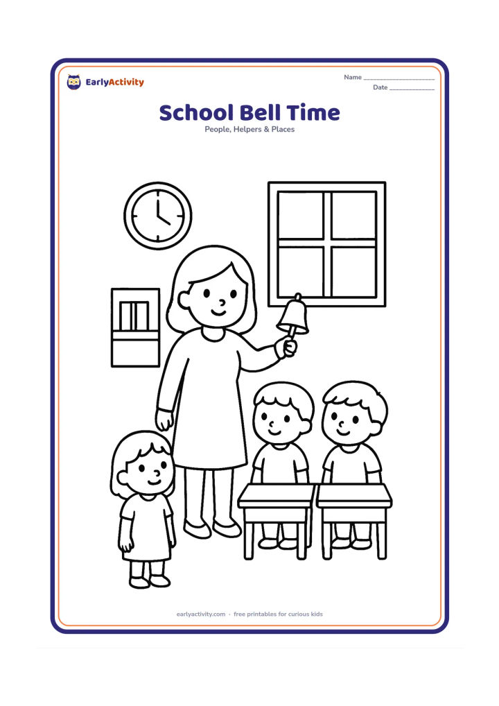 Colouring page: A teacher holds a hand bell beside three children standing up beside their desks, ready to change activities. Show a simple classroom with a clock, shelf and window.