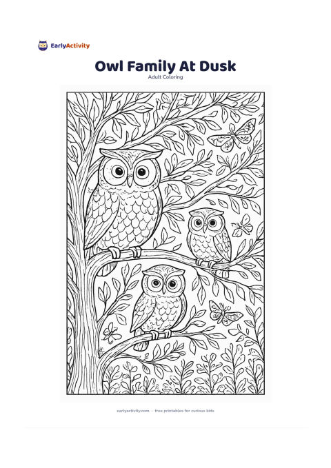 Colouring page: Draw three non-scary owls perched at different heights on a broad tree, with one adult and two smaller owls. Surround them with twilight foliage, layered branches, moths, leaves and a…