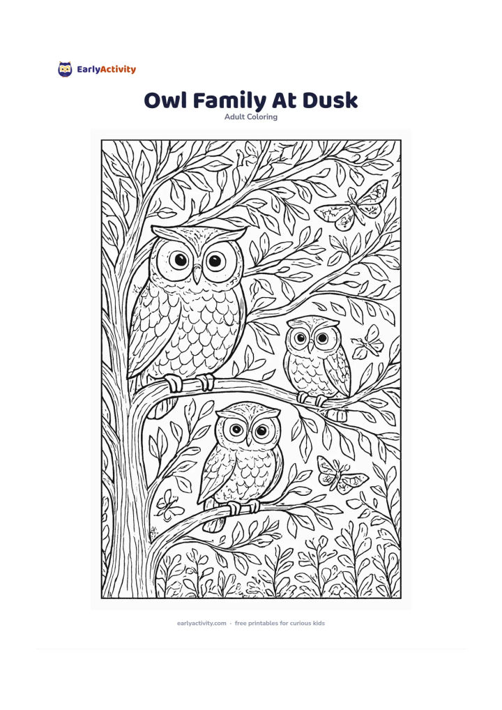 Colouring page: Draw three non-scary owls perched at different heights on a broad tree, with one adult and two smaller owls. Surround them with twilight foliage, layered branches, moths, leaves and a…