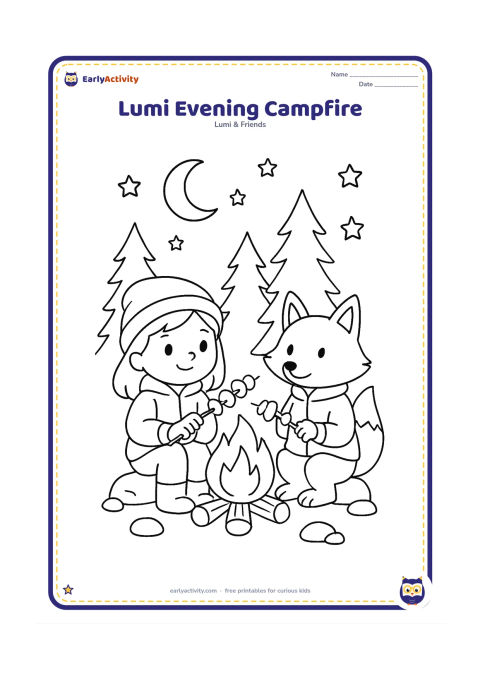 Colouring page: Lumi and a fox friend sit safely beside a small outdoor campfire at dusk, roasting vegetables on sticks. Include a crescent moon, stars, pine trees, stones around the fire and warm jackets.