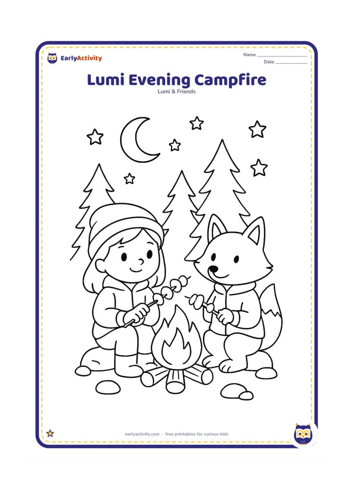 Colouring page: Lumi and a fox friend sit safely beside a small outdoor campfire at dusk, roasting vegetables on sticks. Include a crescent moon, stars, pine trees, stones around the fire and warm jackets.