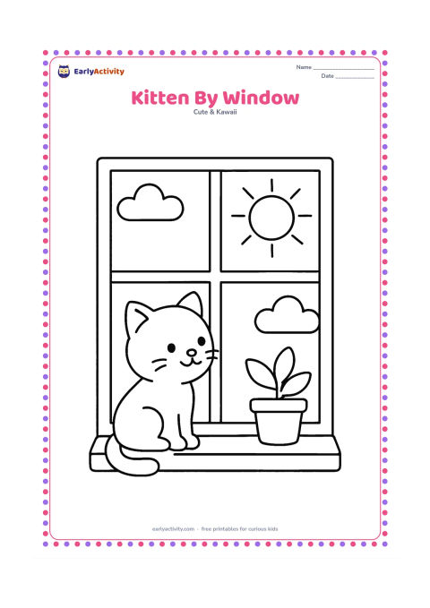 Colouring page: Draw a sitting kitten looking through a large sunny window, with two simple clouds and a small potted plant on the sill. Keep the window, kitten and plant as large, separate shapes.