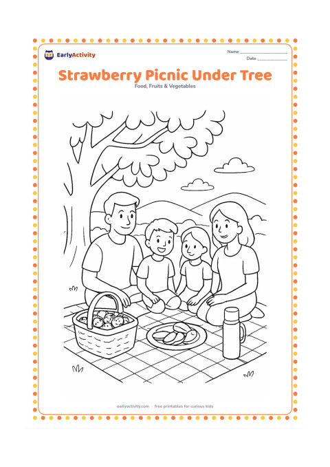 Colouring page: Draw a family picnic scene under a broad tree with a basket of strawberries, sliced fruit on a plate, a patterned mat, a thermos, and distant hills.