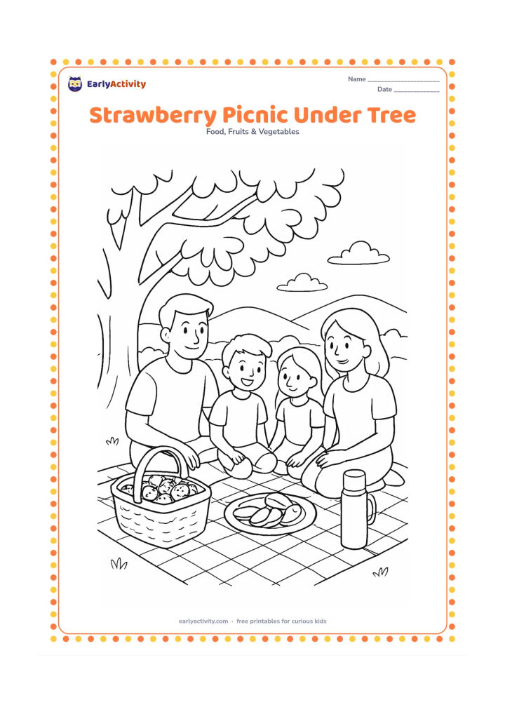 Colouring page: Draw a family picnic scene under a broad tree with a basket of strawberries, sliced fruit on a plate, a patterned mat, a thermos, and distant hills.