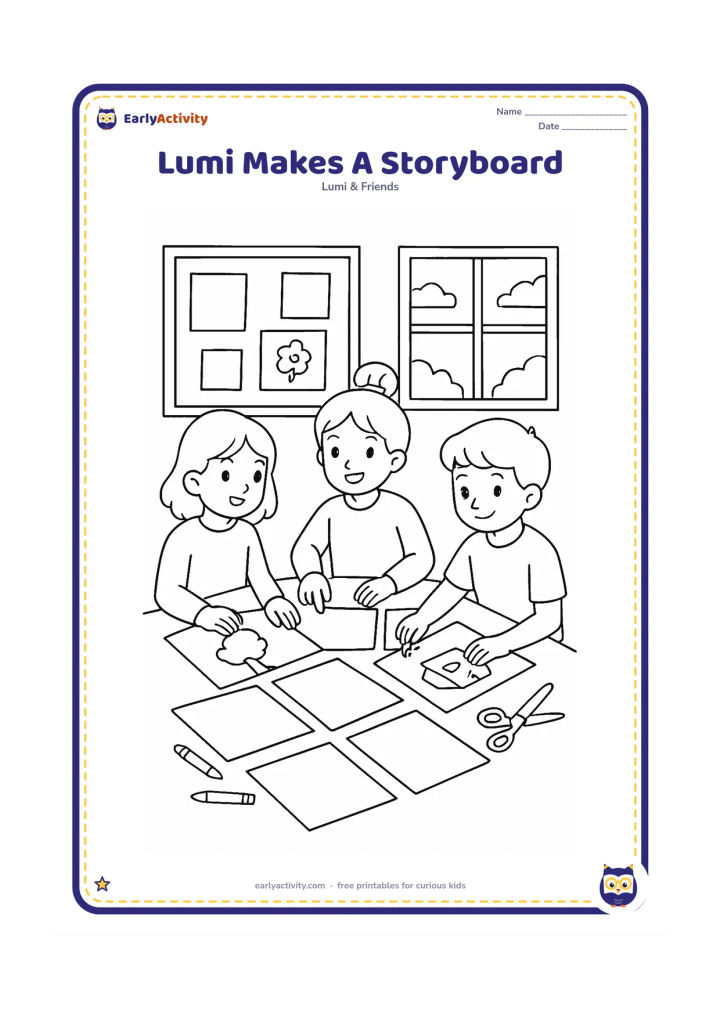Colouring page: Lumi and two classmates arrange blank picture panels across a large table to plan a story, with one child drawing a scene and another pointing to the sequence. Add pencils, crayons,…
