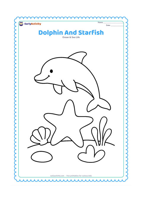 Colouring page: Draw a smiling dolphin swimming above a large starfish on the seabed, with one shell and two rounded sea plants nearby. Use a simple side view and a balanced, open composition.
