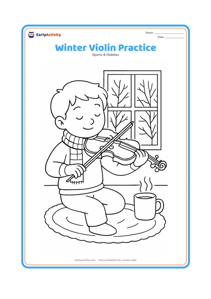 Colouring page: A child practises violin beside a frosty window in a cosy room, with the bow moving across the strings. Include a woollen scarf, steaming mug, rug and bare winter branches outside.