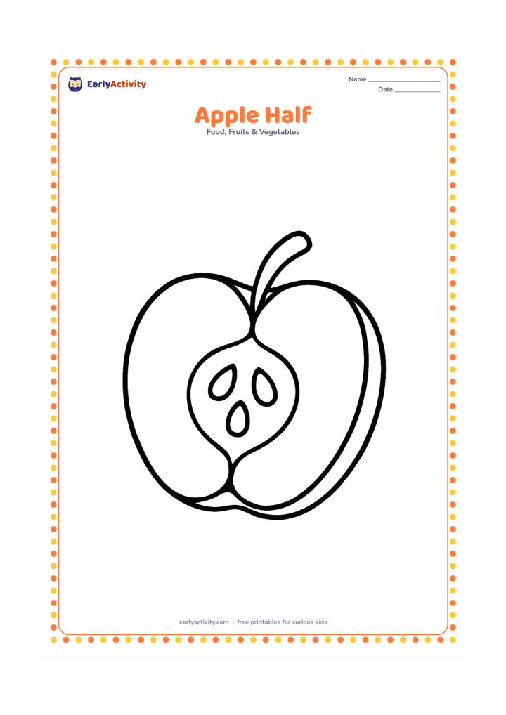 Colouring page: Draw one apple cut in half, showing the rounded peel, central core and several large seeds. Add a short stem on the outer curve and no other objects.