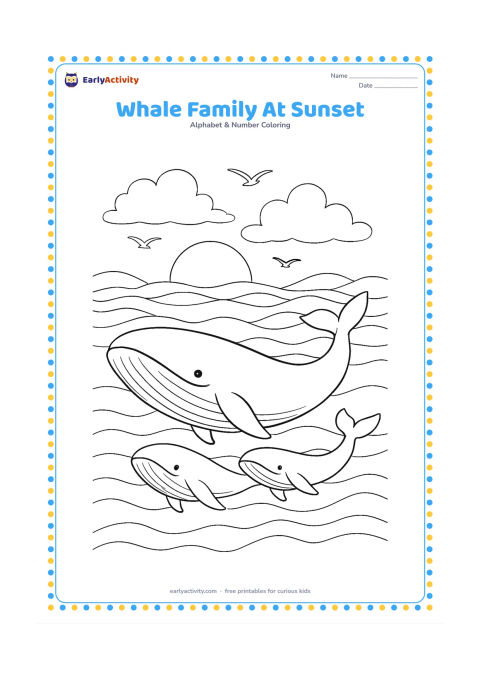 Colouring page: Draw a large whale swimming with two smaller whales at sunset, with layered ocean waves, distant seabirds, and a low sun behind clouds. Arrange the family in a sweeping curved movement…
