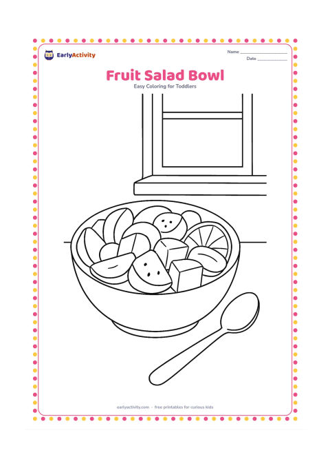 Colouring page: Draw a large bowl containing clear pieces of apple, banana, mango, orange and watermelon. Place the bowl on a kitchen counter beside a large spoon and a plain window.