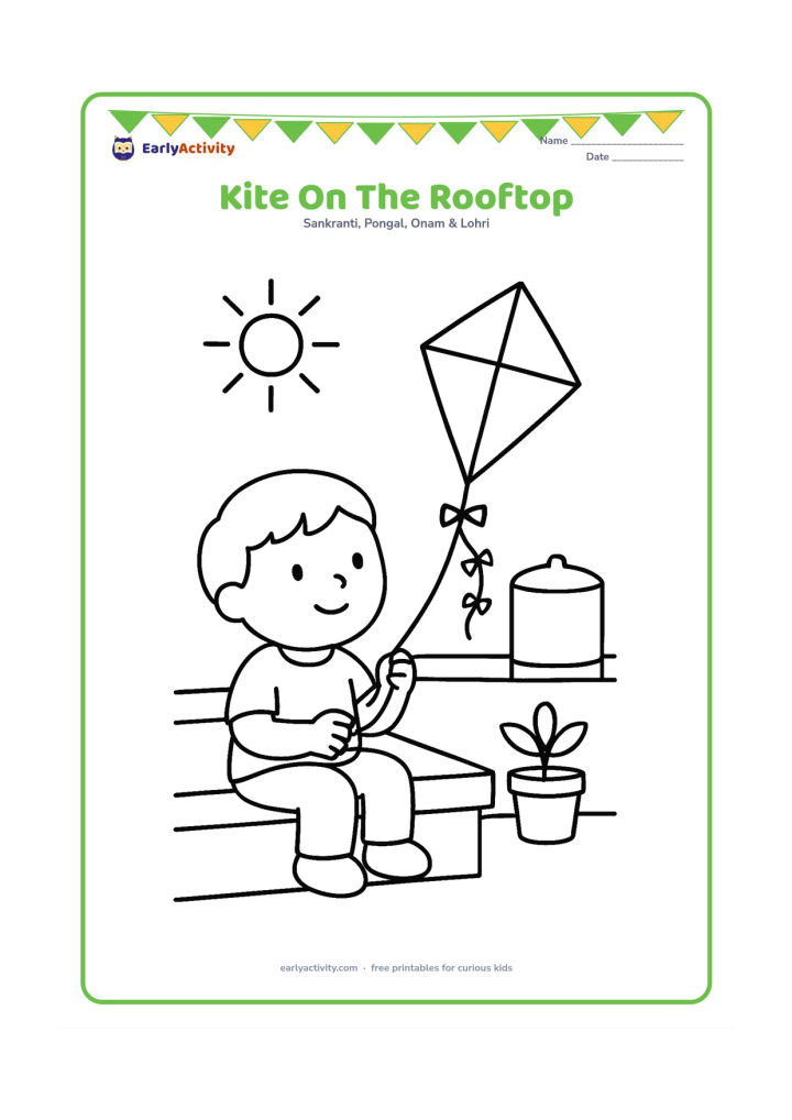 Colouring page: A child sits safely on a broad rooftop terrace holding a spool and looking at one large kite in the sunny sky. Include a low parapet, a water tank, and one potted plant.