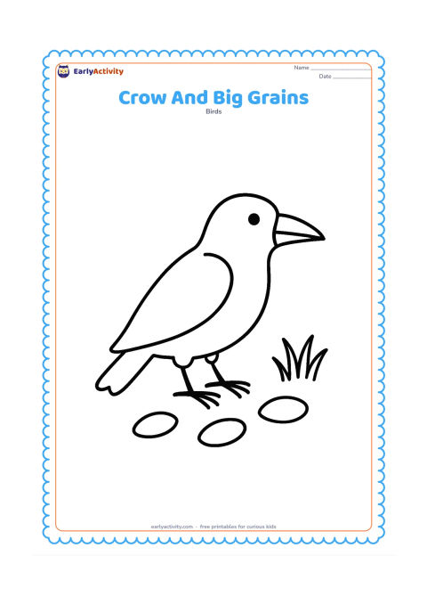 Colouring page: A crow stands beside three large grain shapes scattered on the ground, with a few simple grass blades nearby.