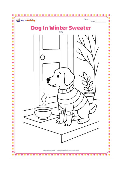 Colouring page: Draw a standing dog wearing a plain knitted sweater and looking toward a steaming bowl placed on a porch. Add a doormat, a small potted plant, and bare tree branches outside.