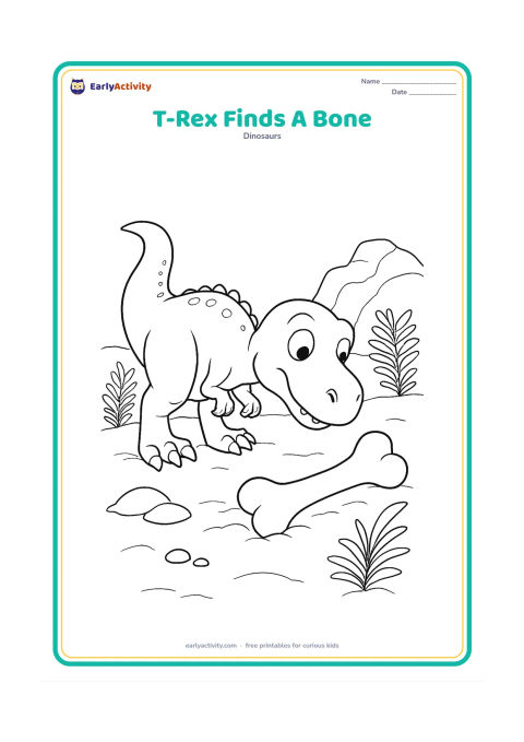 Colouring page: A curious T-Rex lowers its head toward a large fossil bone partly visible in sandy ground. Add a small mound, three pebbles, two ferns, and a distant rocky outcrop.