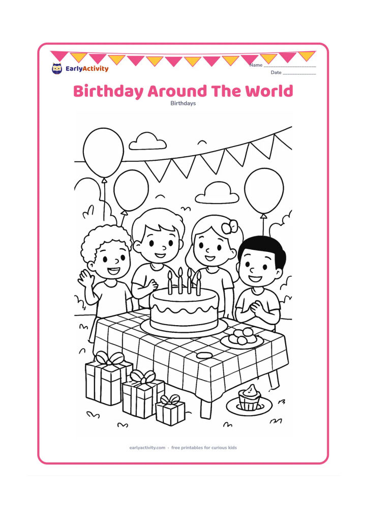 Colouring page: Children from different backgrounds celebrate together around a large cake, with gifts, balloons, simple decorations, and small pictorial clues such as a picnic cloth, a family table,…