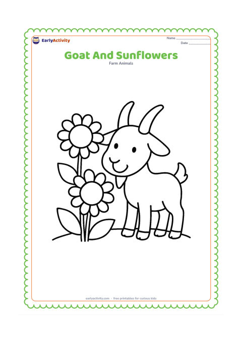 Colouring page: Draw a smiling goat standing beside two large sunflowers, with its nose near one leaf. Add a simple curved ground line and a few broad leaves.