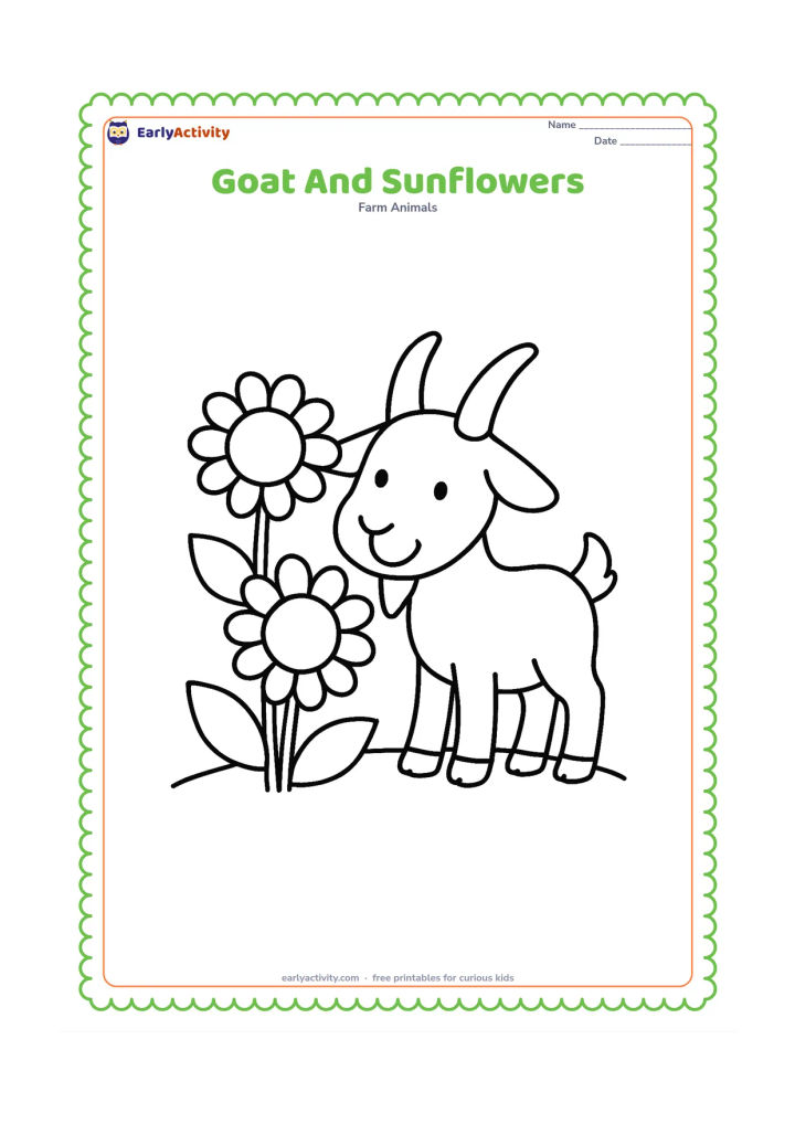 Colouring page: Draw a smiling goat standing beside two large sunflowers, with its nose near one leaf. Add a simple curved ground line and a few broad leaves.