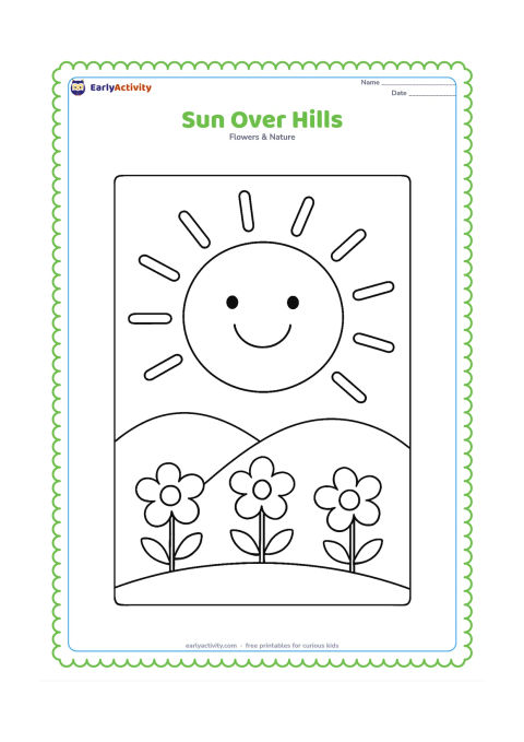 Colouring page: Draw a big smiling sun rising above two smooth rounded hills, with three simple flowers and a few broad rays. Keep the landscape open and uncluttered.