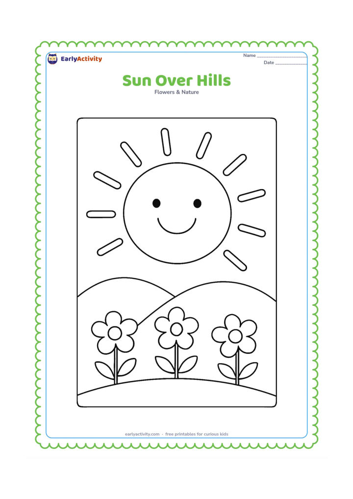 Colouring page: Draw a big smiling sun rising above two smooth rounded hills, with three simple flowers and a few broad rays. Keep the landscape open and uncluttered.