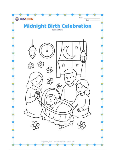 Colouring page: Draw a peaceful indoor birth celebration around a cradle, with a wall clock showing midnight without any readable numbers, a crescent moon outside, flowers, lamps, and seated family members.