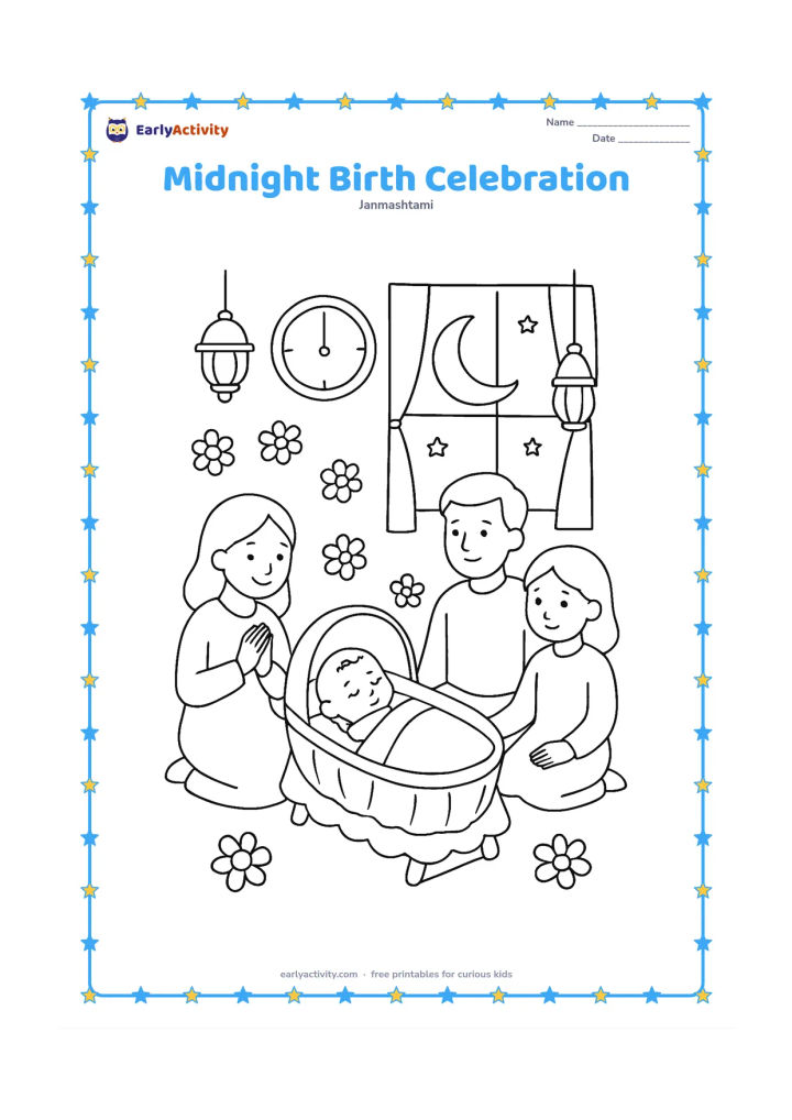 Colouring page: Draw a peaceful indoor birth celebration around a cradle, with a wall clock showing midnight without any readable numbers, a crescent moon outside, flowers, lamps, and seated family members.