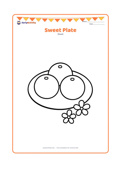 Colouring page: Draw a round plate holding three large Indian sweets, such as laddus, with a few simple flower petals beside it. Use clear, separate shapes and no small surface details.
