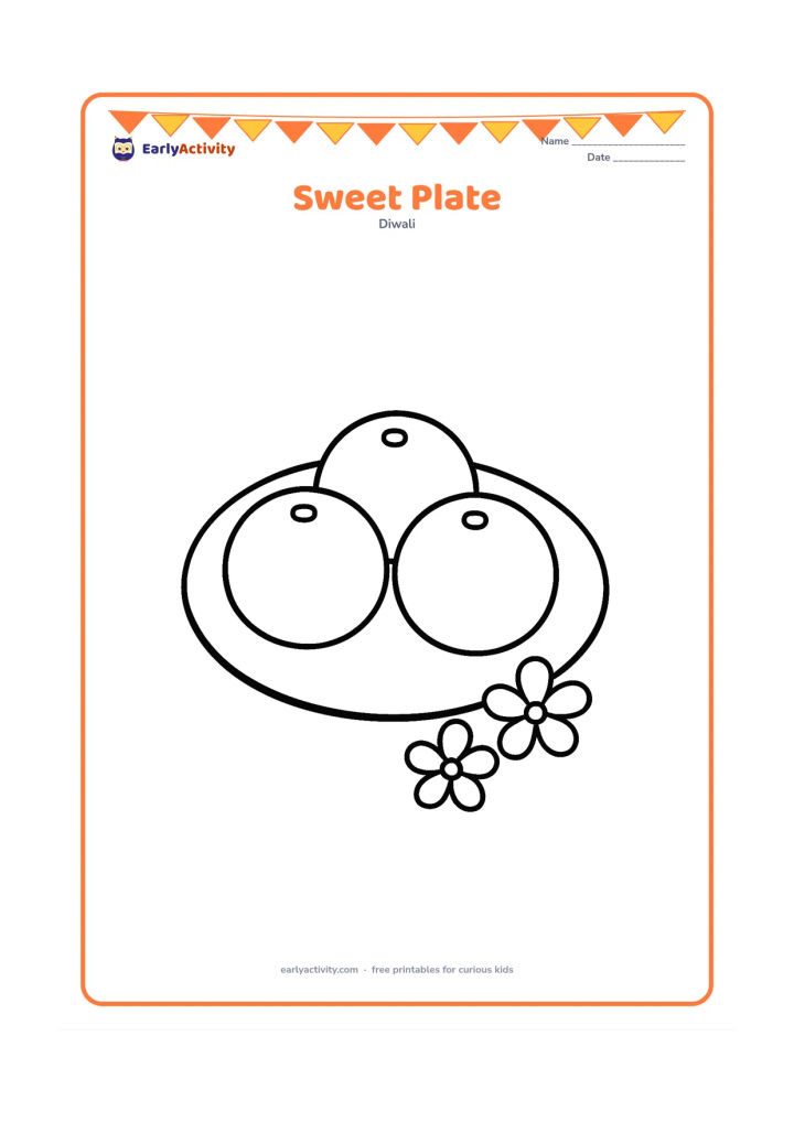 Colouring page: Draw a round plate holding three large Indian sweets, such as laddus, with a few simple flower petals beside it. Use clear, separate shapes and no small surface details.