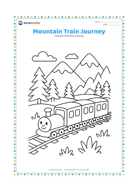 Colouring page: Draw a small passenger train travelling on tracks through a mountain valley, with three rounded train cars, pine trees and distant peaks. Show a few simple windows without any marks…